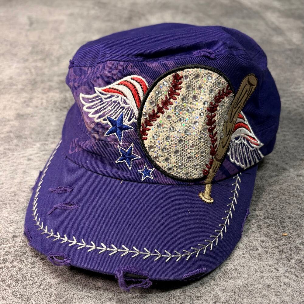 Purple Embellished Baseball Distressed Cap